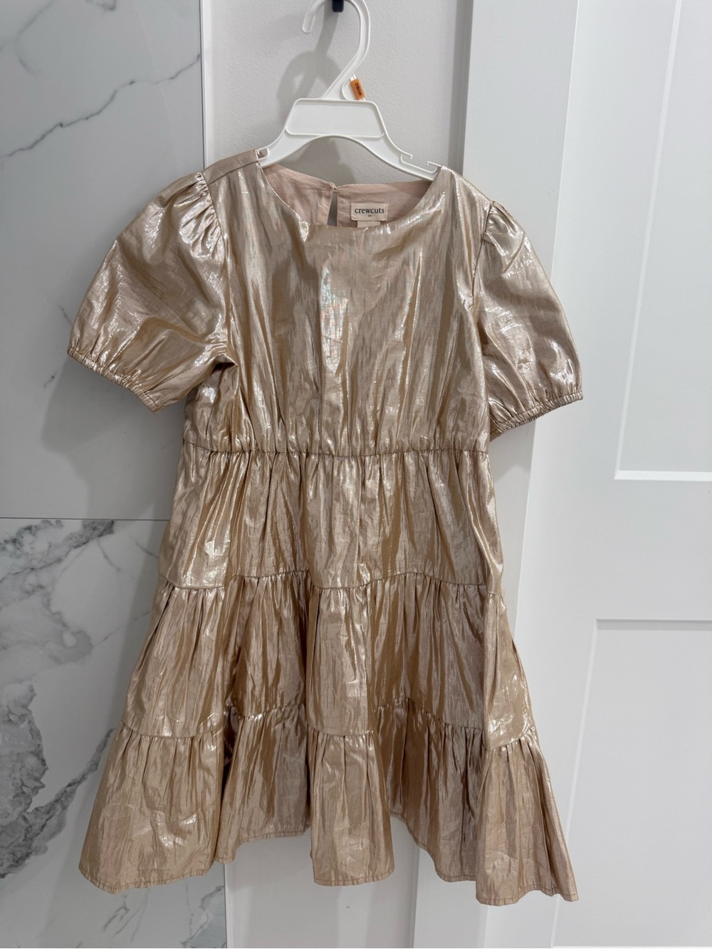 Crewcuts Shimmery Champagne Tiered Puff-Sleeve Dress